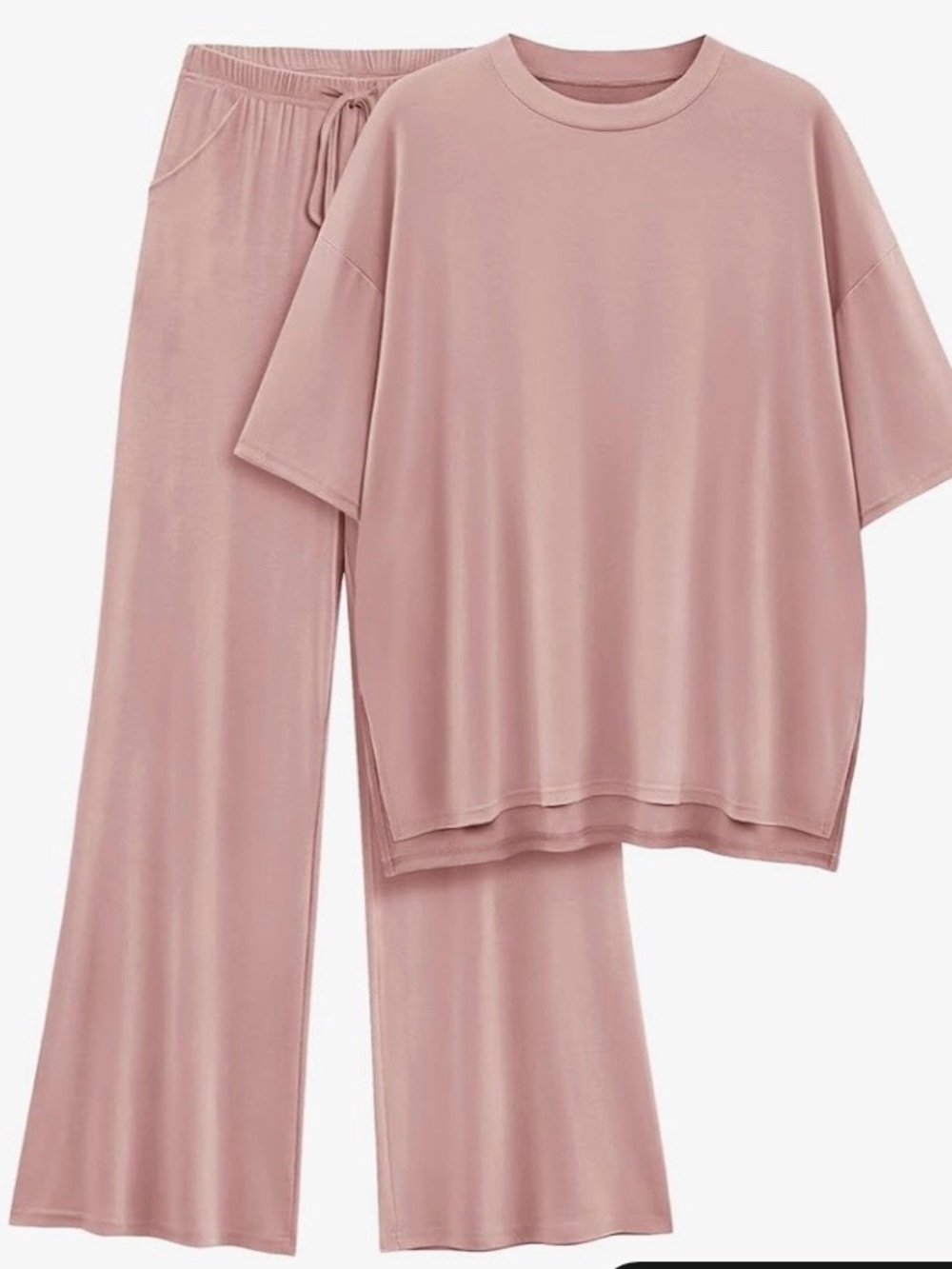 Women's Pink Relaxed Lounge Set - Soft Knit Tee & Wide-Leg Pants